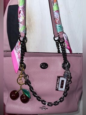 Coach Light Pink Pebbled Leather Tote with Cherry Charm
